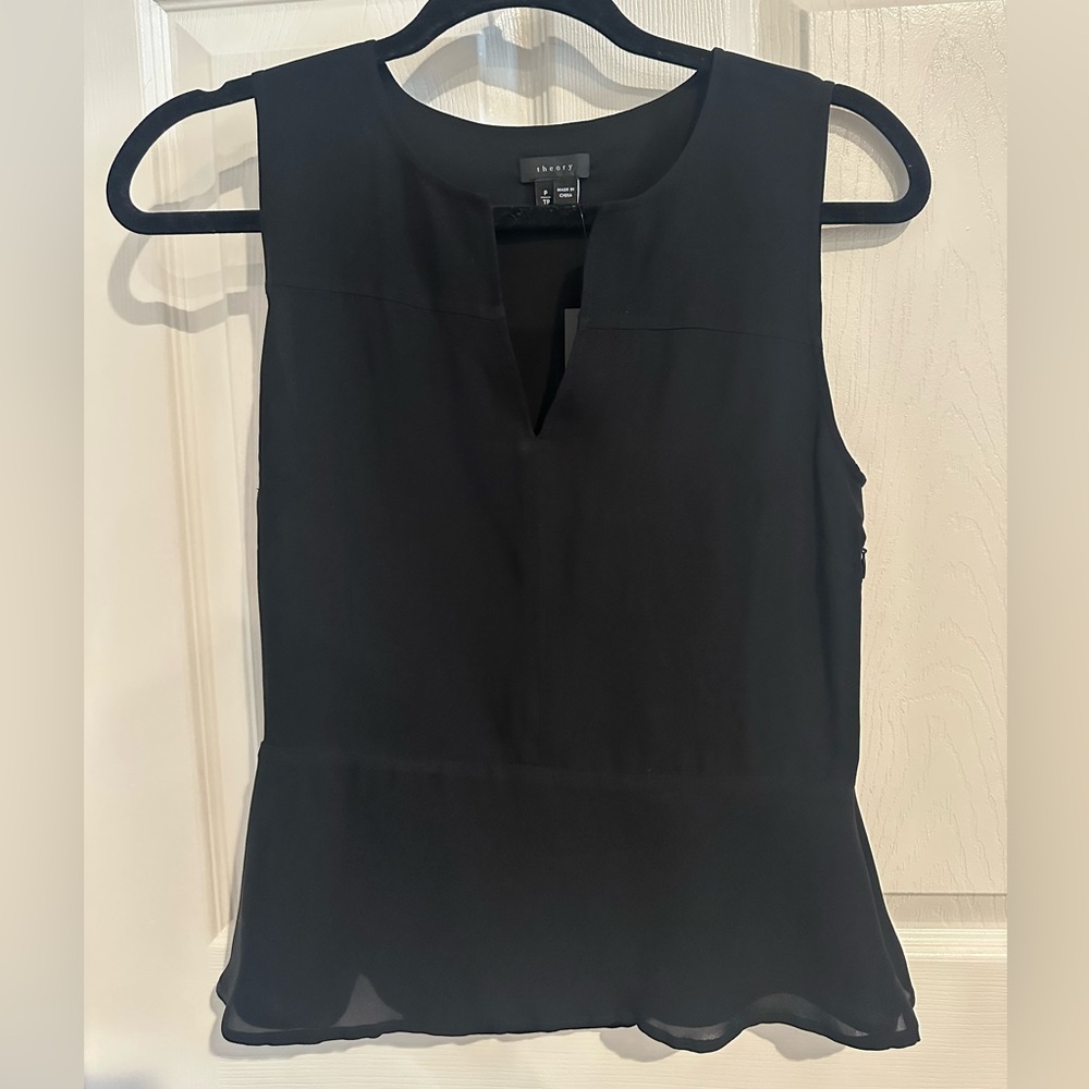 Theory Black sleeveless peplum silk shirt